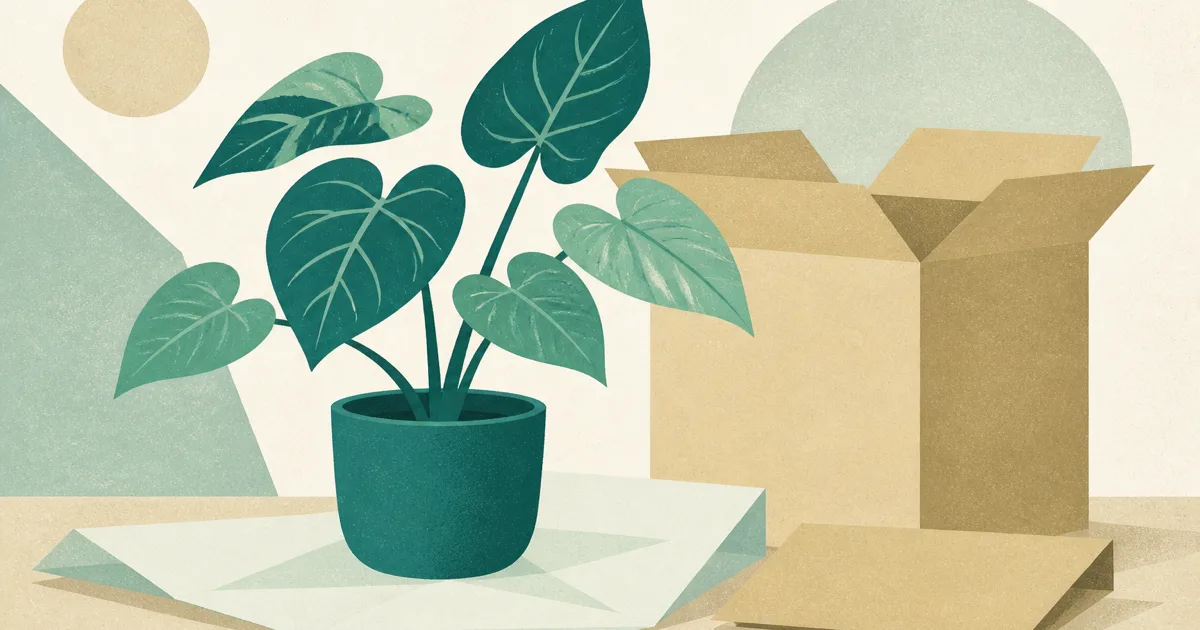 Geometric screenprint of a newly unboxed potted plant resting beside an open shipping carton