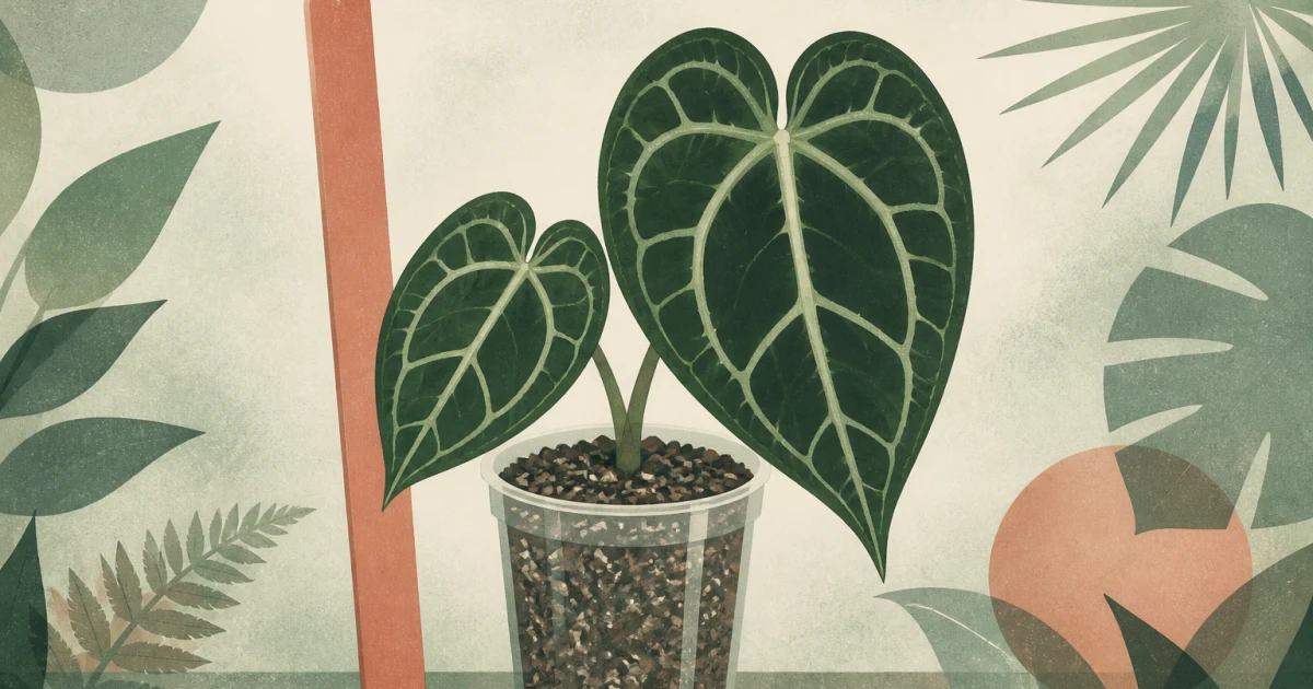 Geometric screenprint of an Anthurium crystallinum with dark veined leaves in a clear pot
