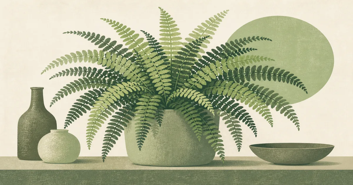 Geometric screenprint illustration of a full Boston fern with arching green fronds