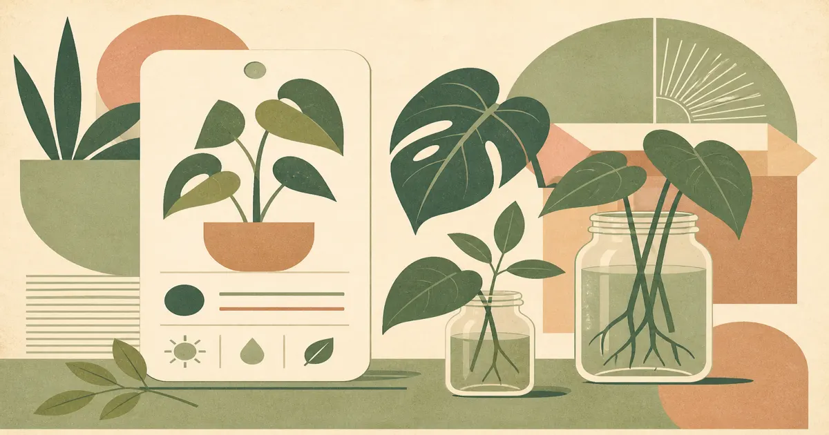 Geometric screenprint of a plant listing card and leaf shapes on parchment paper