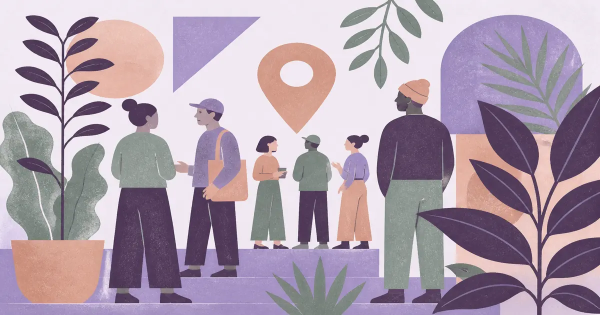 Geometric screenprint of a public meetup with a plant pot and simple map pin