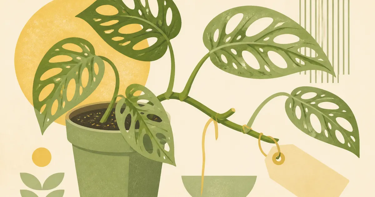 Geometric screenprint illustration of a Monstera adansonii vine with perforated leaves, an aerial root, and a plant tag