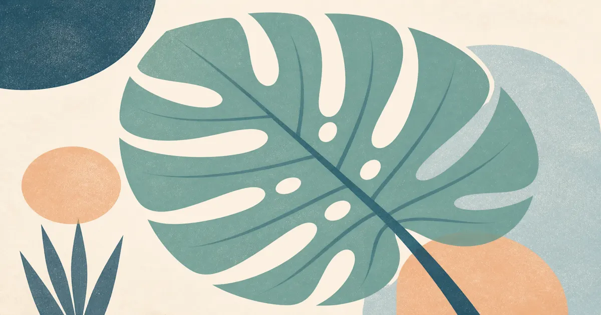Geometric screenprint of fenestrated Monstera deliciosa leaf on cool mist paper
