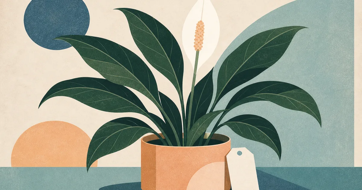 Geometric screenprint of a peace lily with dark green leaves and a white spathe in a simple pot