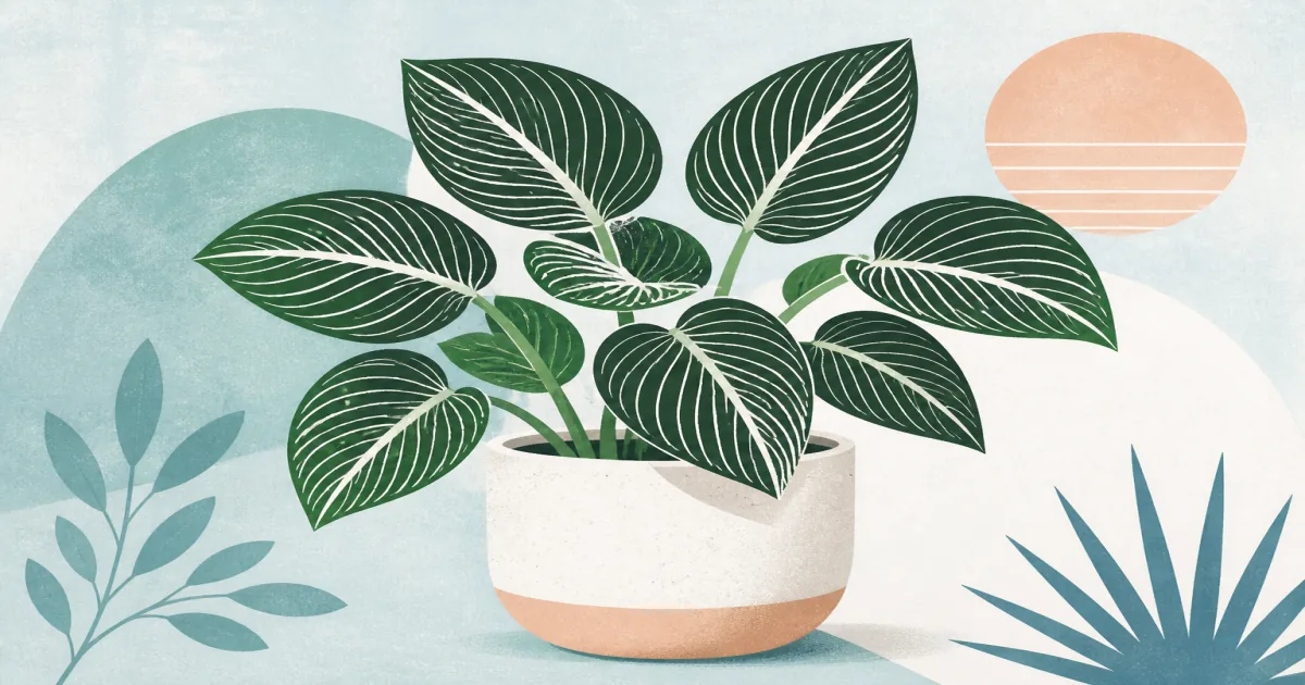 Geometric screenprint illustration of a Philodendron Birkin with white pinstripe leaves