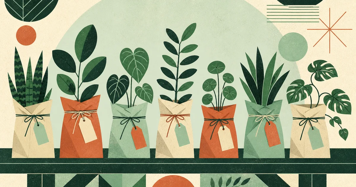 Geometric screenprint illustration of labeled bags at a plant swap