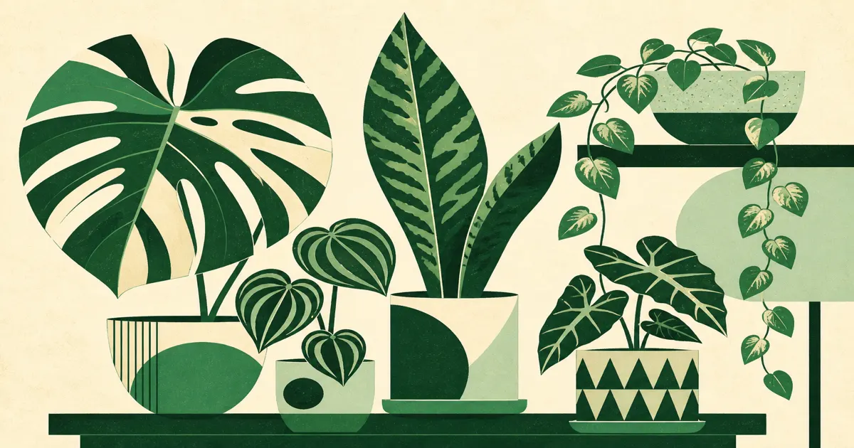 Geometric screenprint illustration of uncommon variegated houseplants