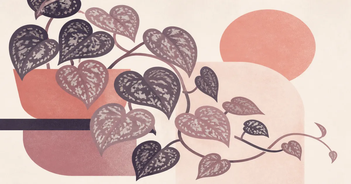Geometric screenprint of silver-spotted Scindapsus leaves on mist paper
