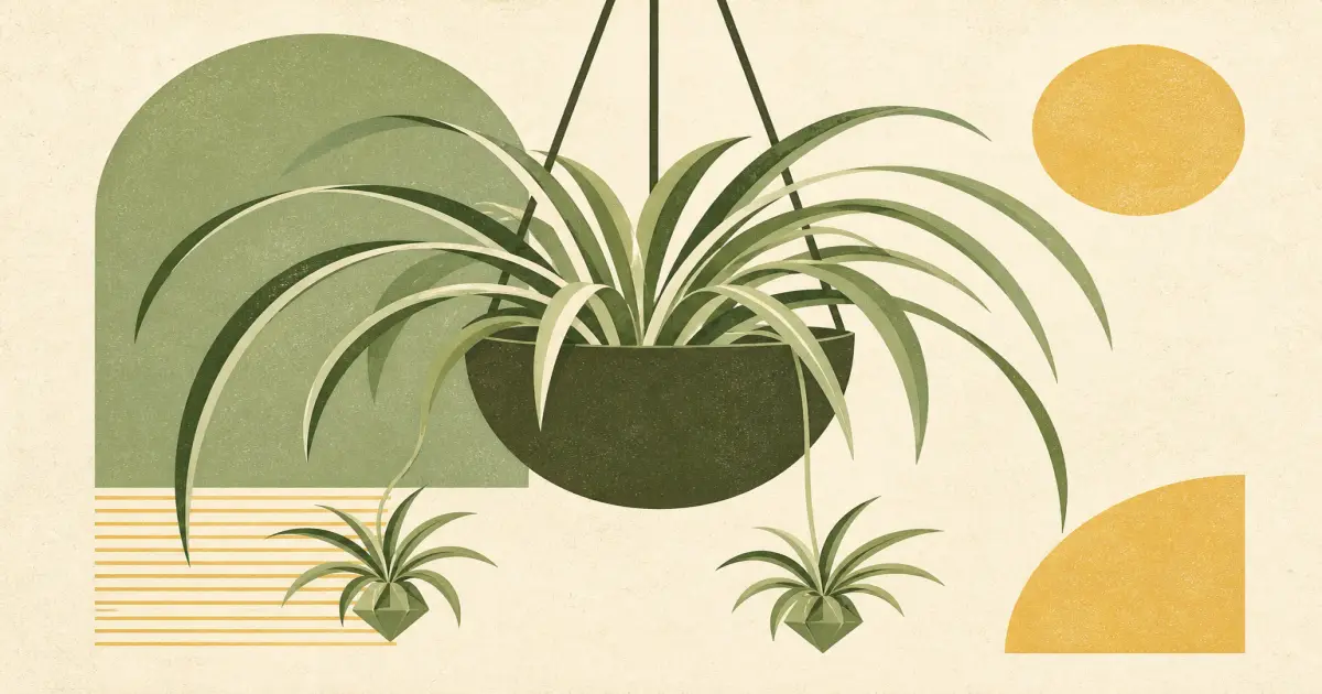 Geometric screenprint of arched spider plant leaves with hanging plantlets