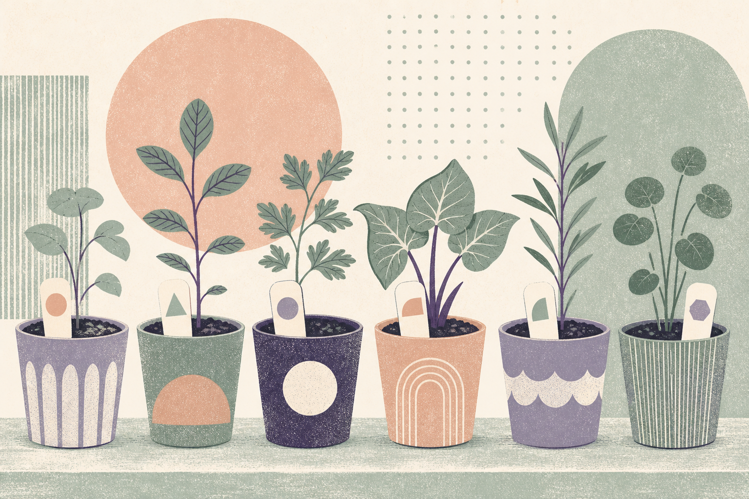 Geometric screenprint of small starter plants in nursery pots with plant labels
