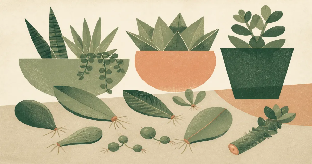 Geometric screenprint illustration of succulent leaf and stem cuttings on parchment
