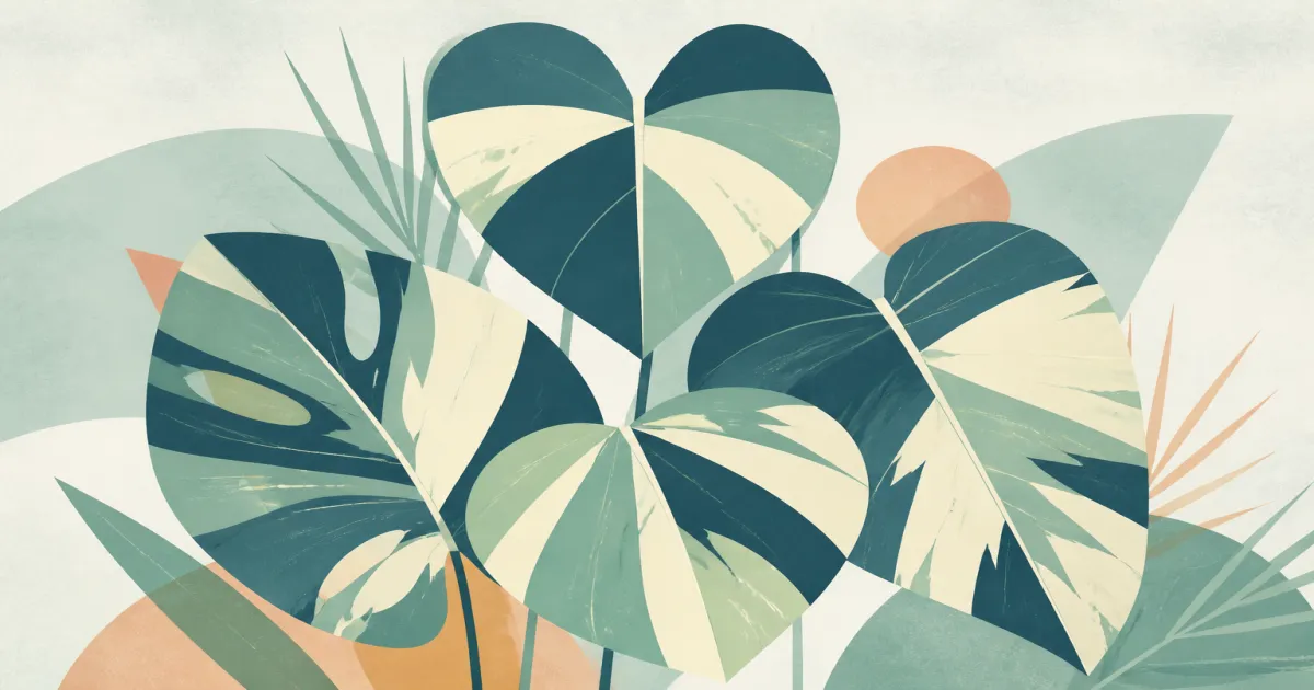 Geometric screenprint illustration of variegated leaves with cream and green sectors