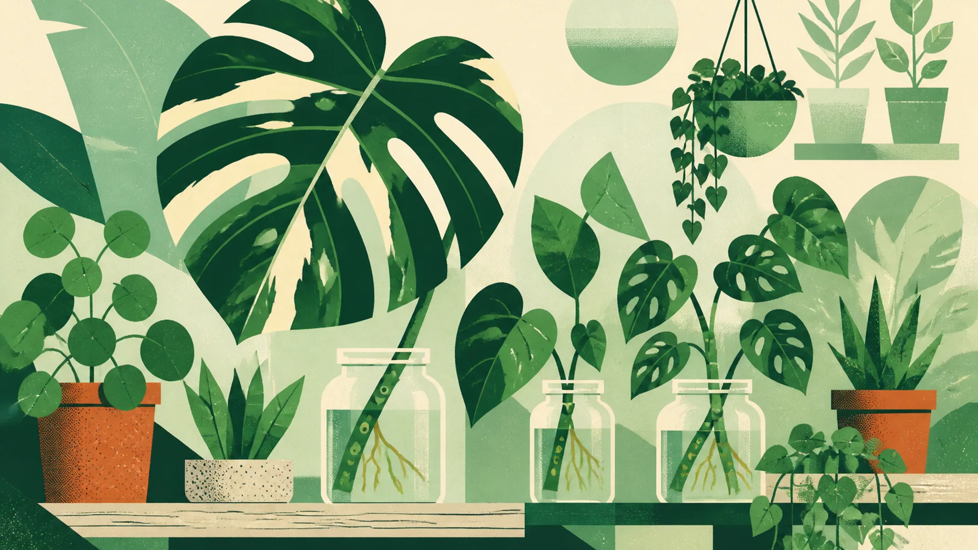 Geometric screenprint illustration of houseplants and cuttings on a nursery bench